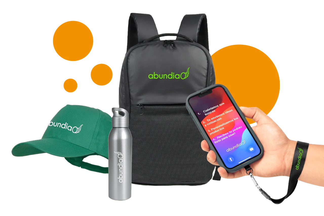 Productos personalizados Abundia: mochila, gorra y botella