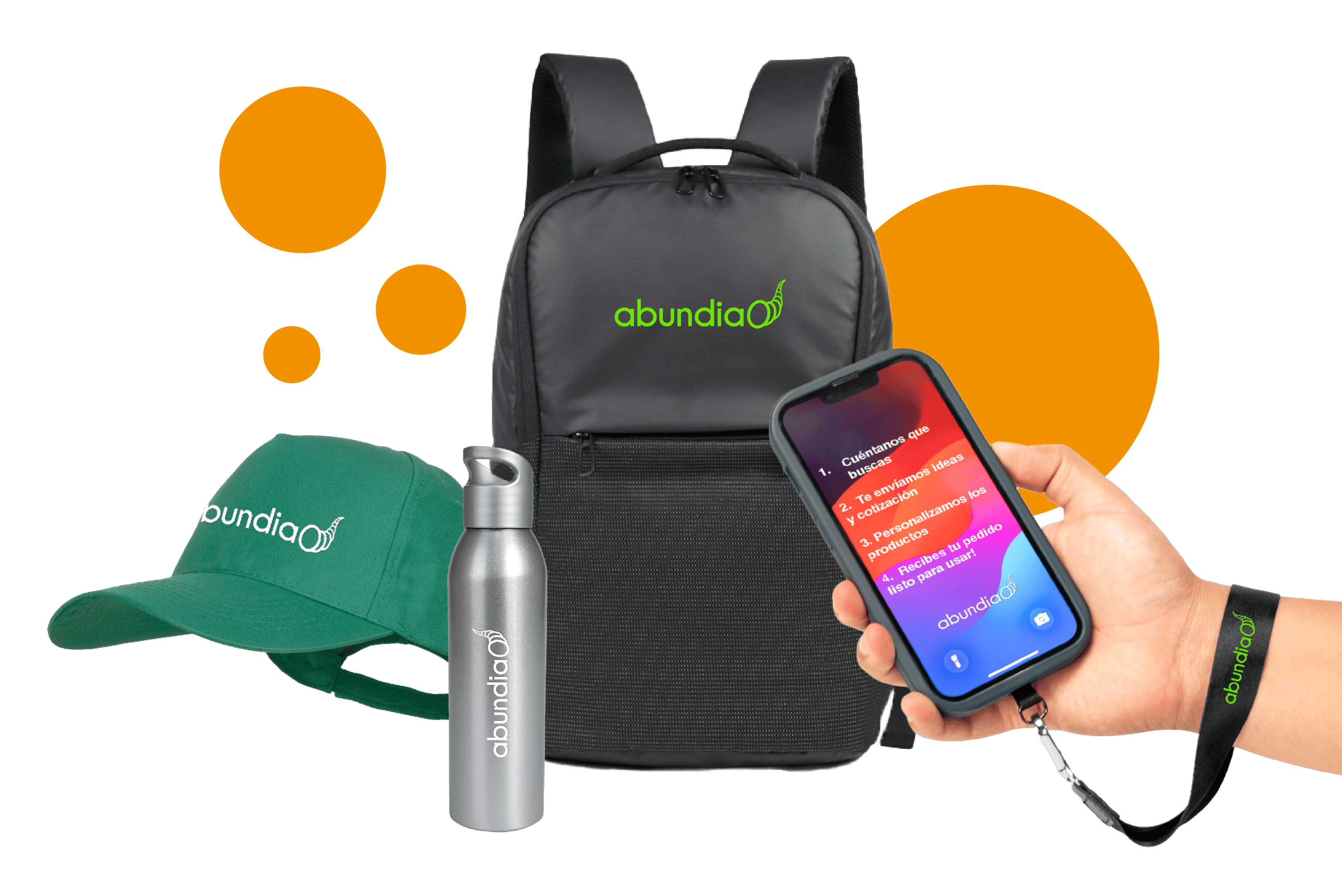 Productos personalizados Abundia: mochila, gorra y botella